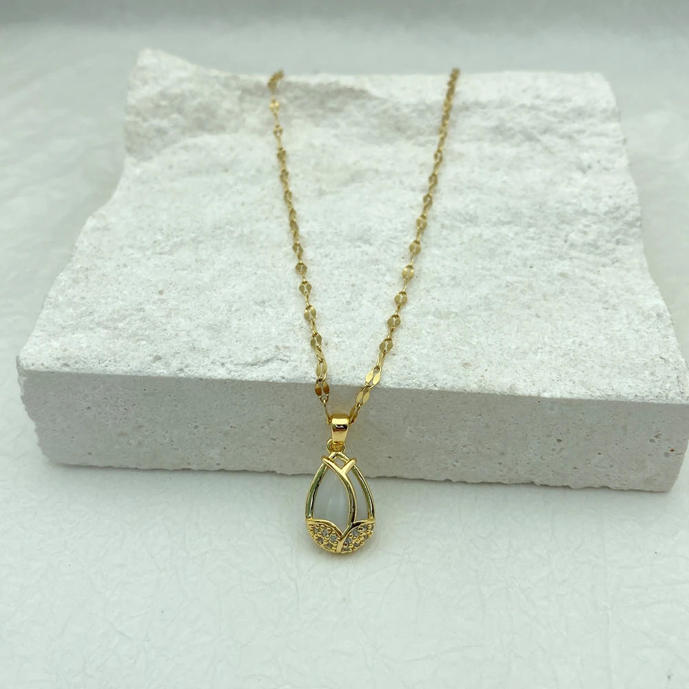 Opal Pendant Necklace for Women  Fashion Jewelry Stainless Steel tulip Necklace Gold Plated Luxury Design Korea Style Elegant