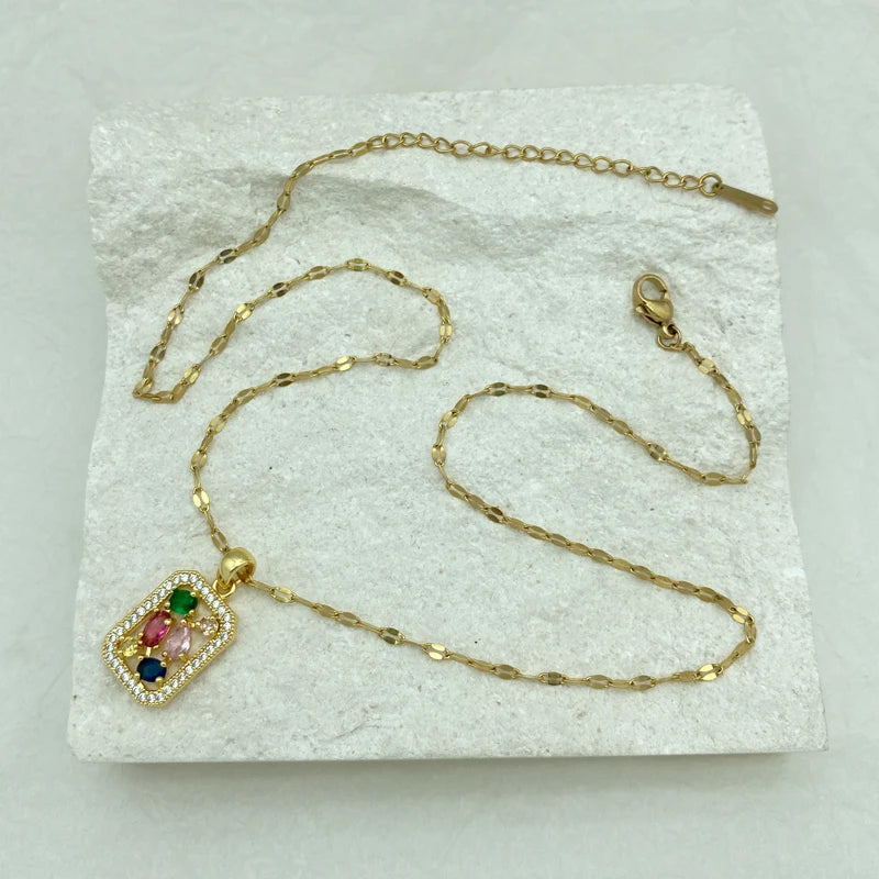 Gold Plated Stainless Steel Necklaces For Women With Square Shaped Pendant With Red Green Pink Zircons New In Style