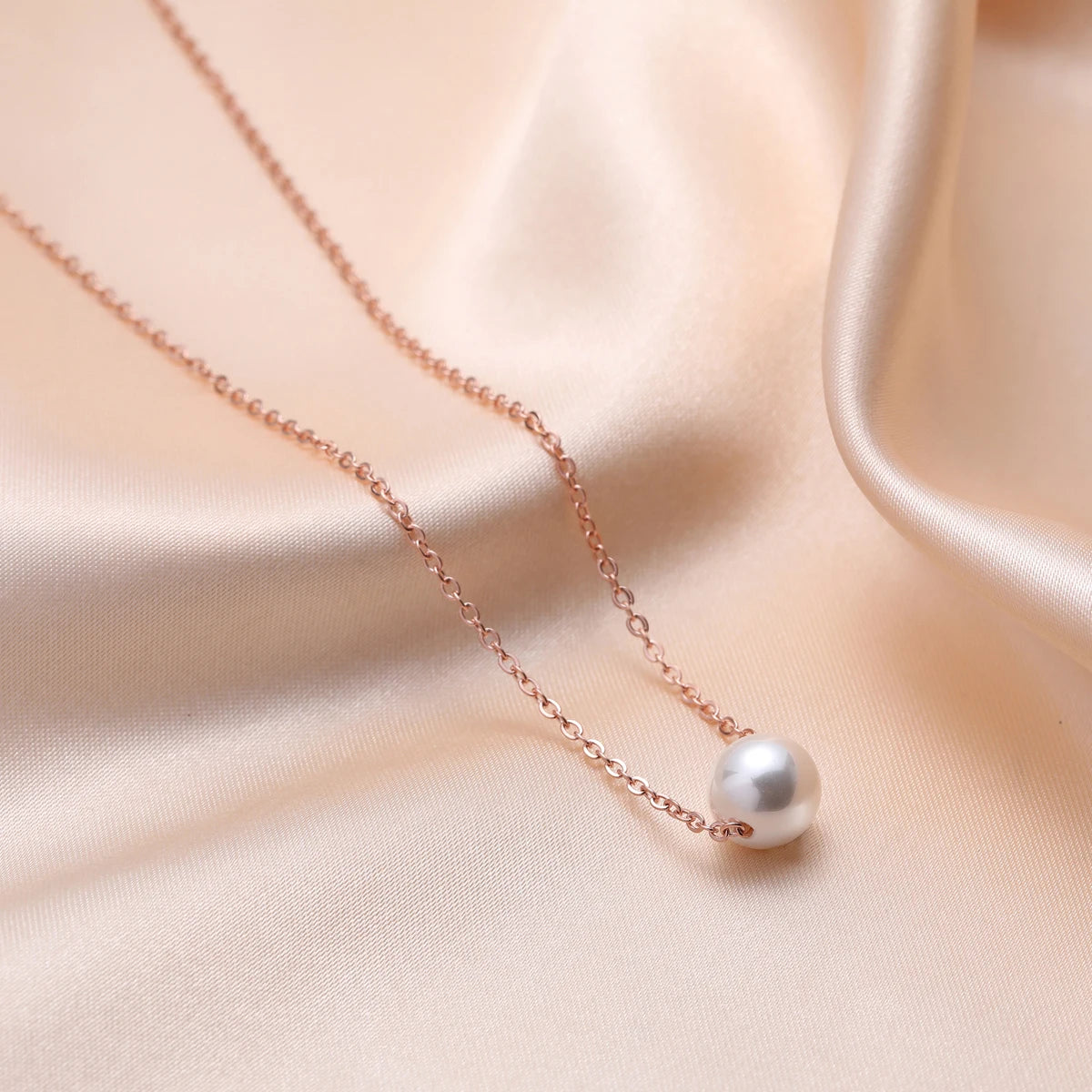 Stainless Steel Necklace Pearl Pendnat Necklace for Women Simple Rose Gold Color Choker O Chain Snake Chain Korean New Fashion