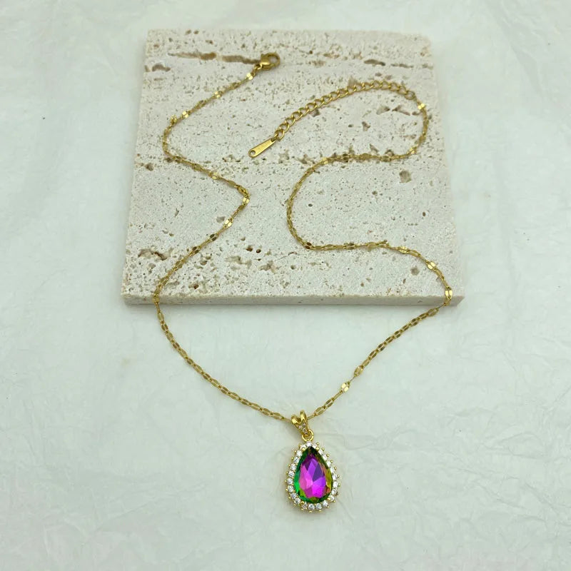 Gold Plated Stainless Steel Necklace With Colorful Water Drop Pendant Necklace For Women With  Stainless Steel  Fashion Jewelry