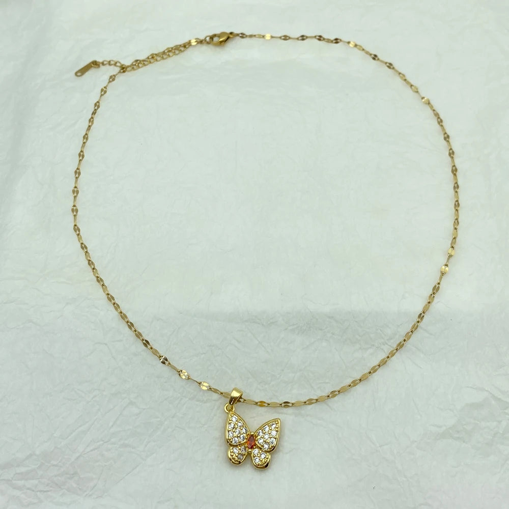 18K Gold Plated CZ Butterfly Pendant Necklace | Stainless Steel Chains