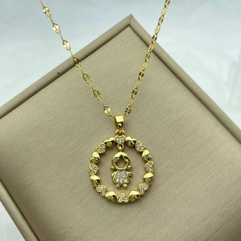 Gold Cute Girl Pendant Necklace |18K Gold Plated Stainless Steel Chains