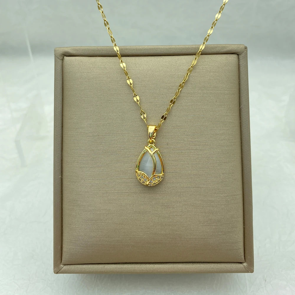 Opal Pendant Necklace for Women  Fashion Jewelry Stainless Steel tulip Necklace Gold Plated Luxury Design Korea Style Elegant