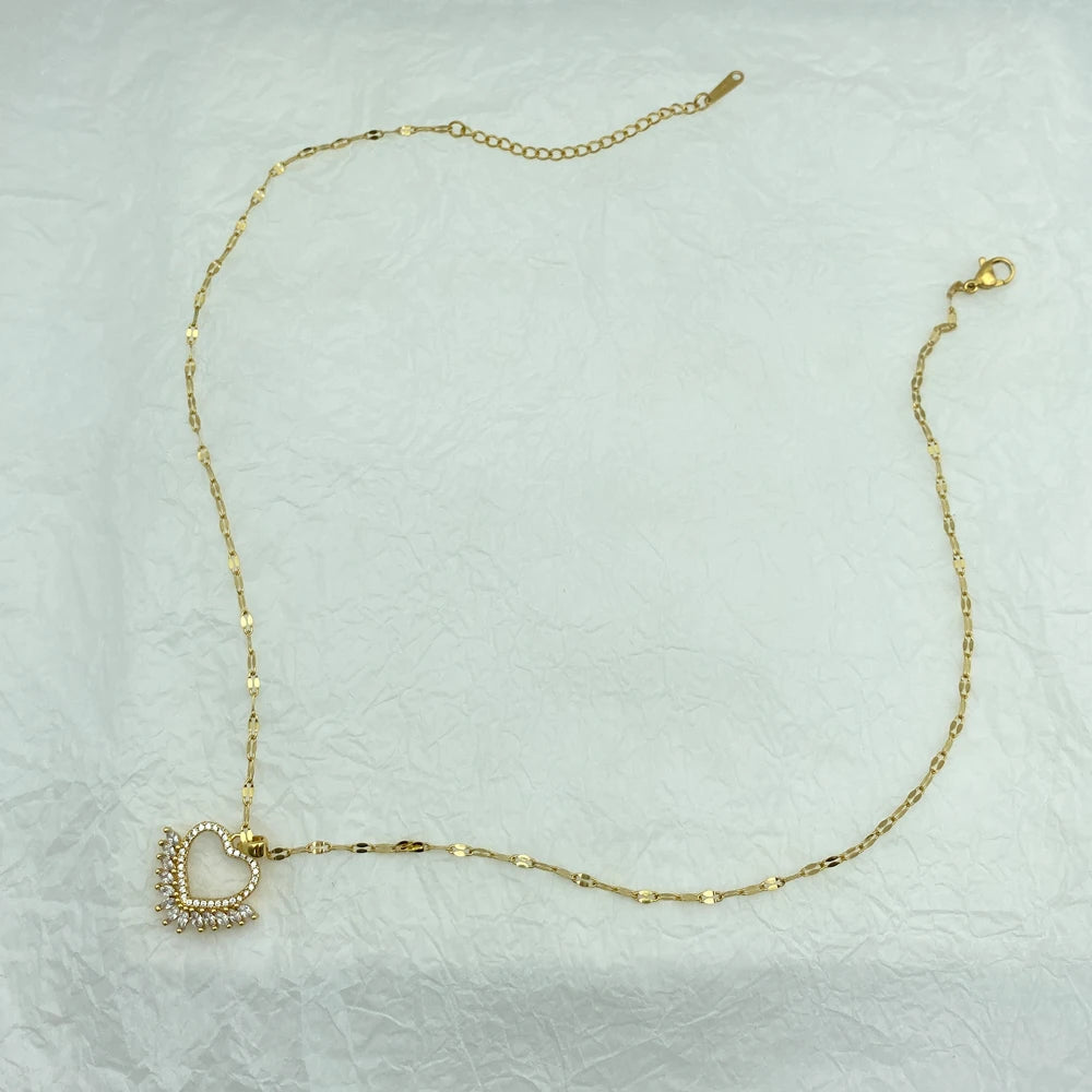 18K Gold Plated Open Heart Marquise CZ Pendant Necklace | Stainless Steel Chain