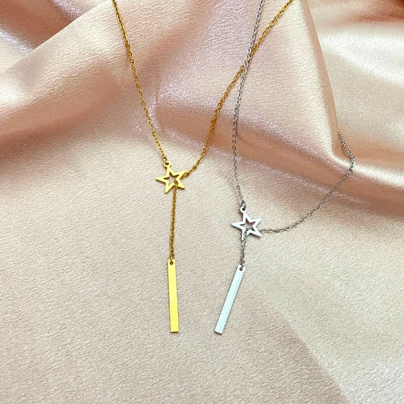 Stainless Steel Open Star Lariat Y Necklace with Bar Pendant | 18K Gold