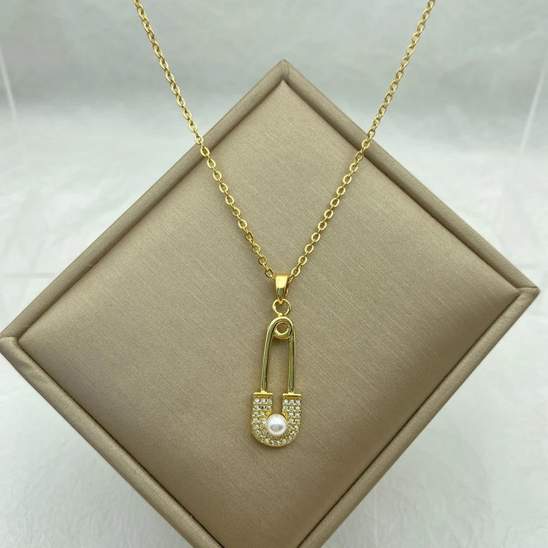 Pin Shaped Pendant With Pearl Gold Plated Stainless Steel Necklaces For Women Gift Fashion  Steel Jewelry Cute Style