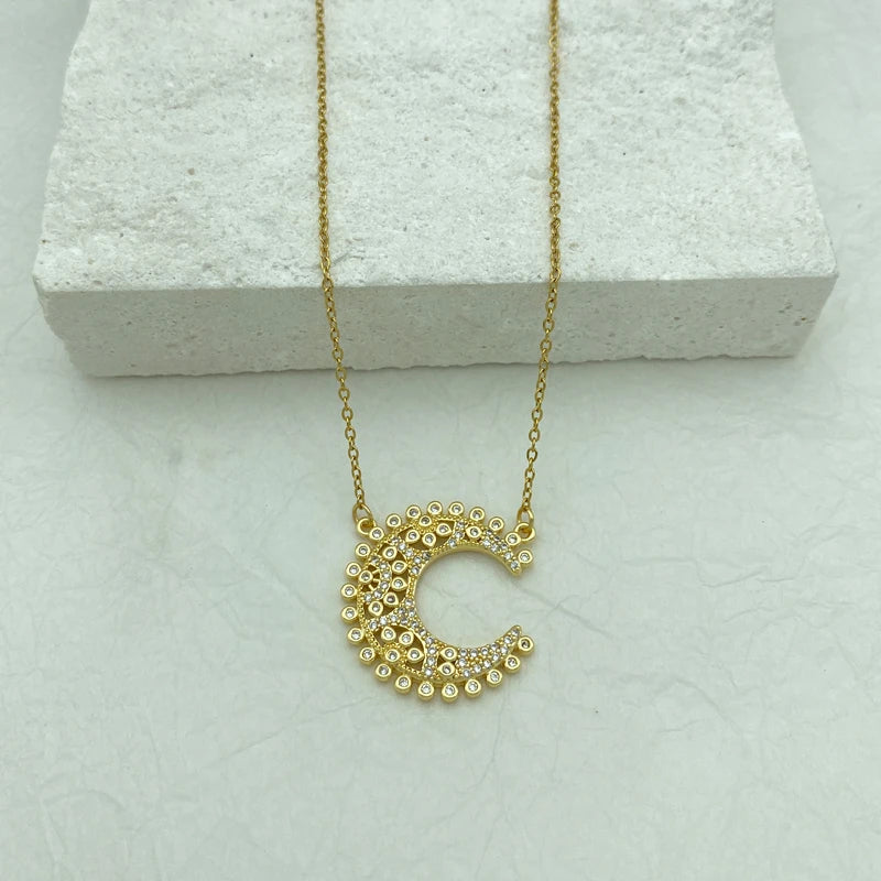 Gold Plated Stainless Steel Necklaces With A big Moon Pendant With Zircons Simple Style New Fashion Jewelry