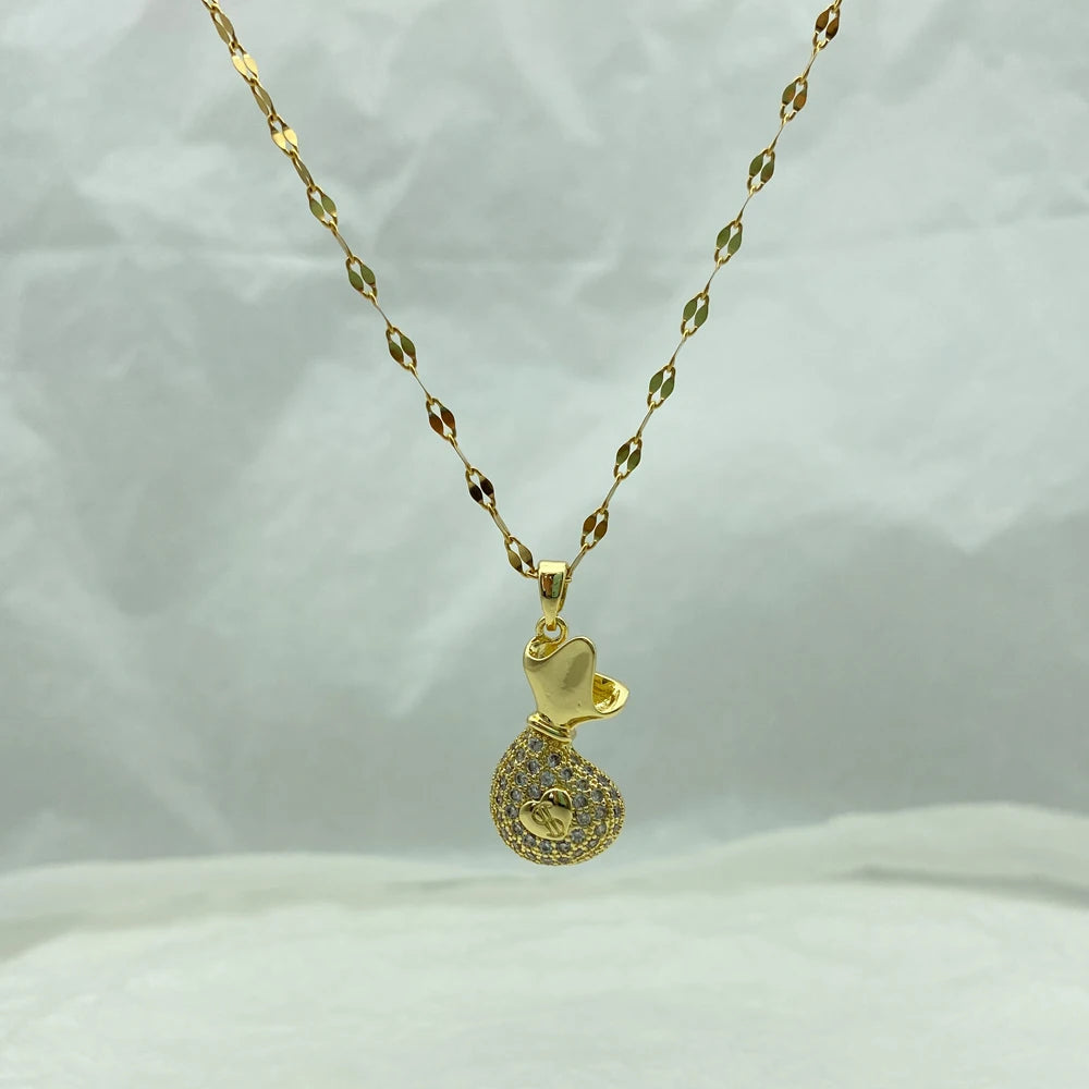 18K Gold Plated Pave CZ Money Bag Pendant Necklace | Stainless Steel Chain