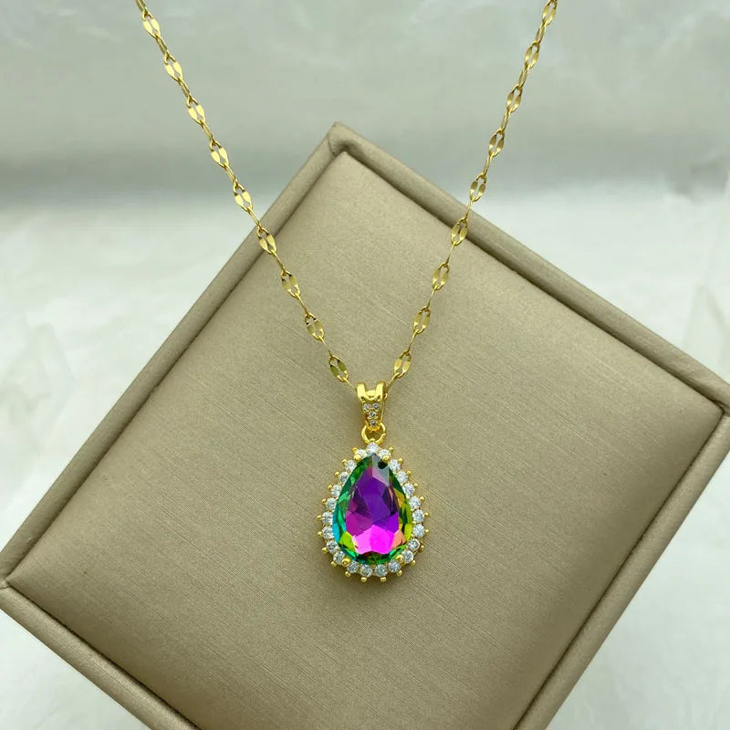 Gold Plated Stainless Steel Necklace With Colorful Water Drop Pendant Necklace For Women With  Stainless Steel  Fashion Jewelry
