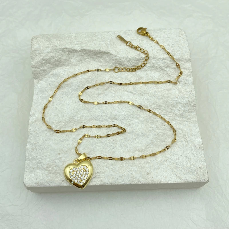 Gold Puffy Heart CZ Pendant Necklace | 18K Gold Plated Stainless Steel Chain