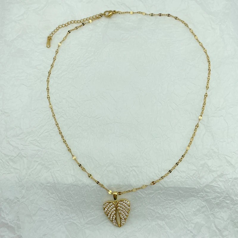 Gold CZ Angel Wing Heart Pendant Necklace | Stainless Steel Chain