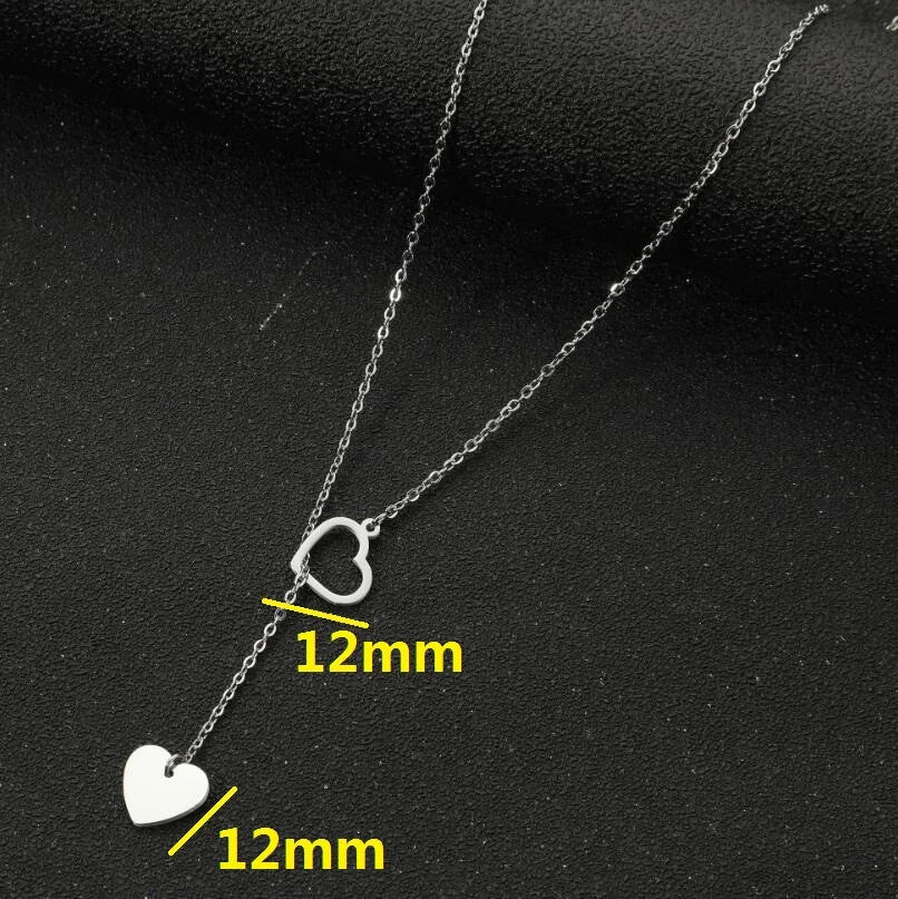 Stainless Steel Double Heart Lariat Y Necklace | 18K Gold | 45cm Chain