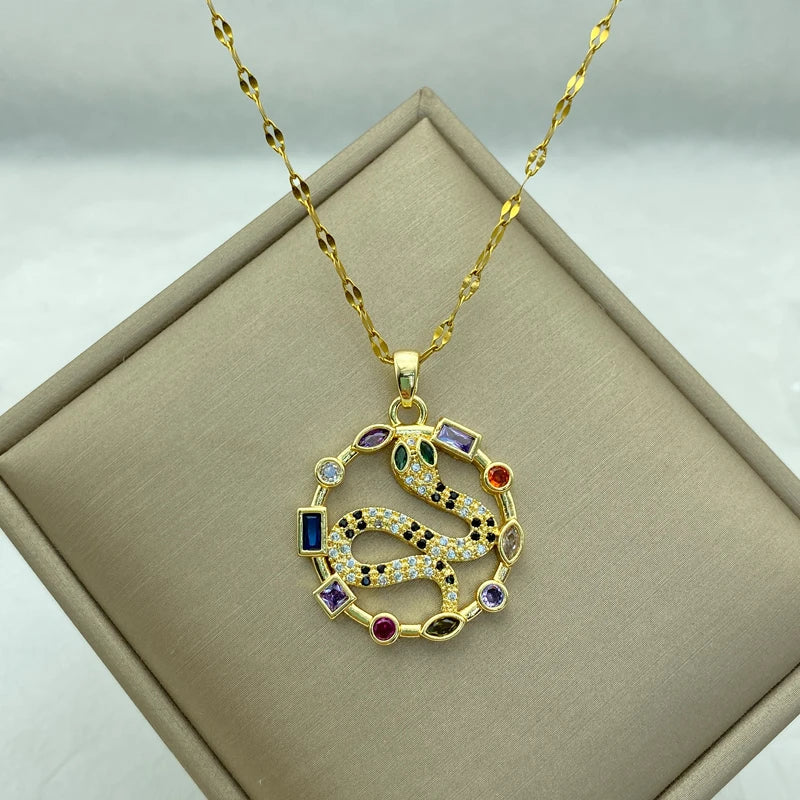 Gold Plated Stainless Steel Necklace For Women With A Big Round Shaped Snake Pendant Fashion  jewelry New In