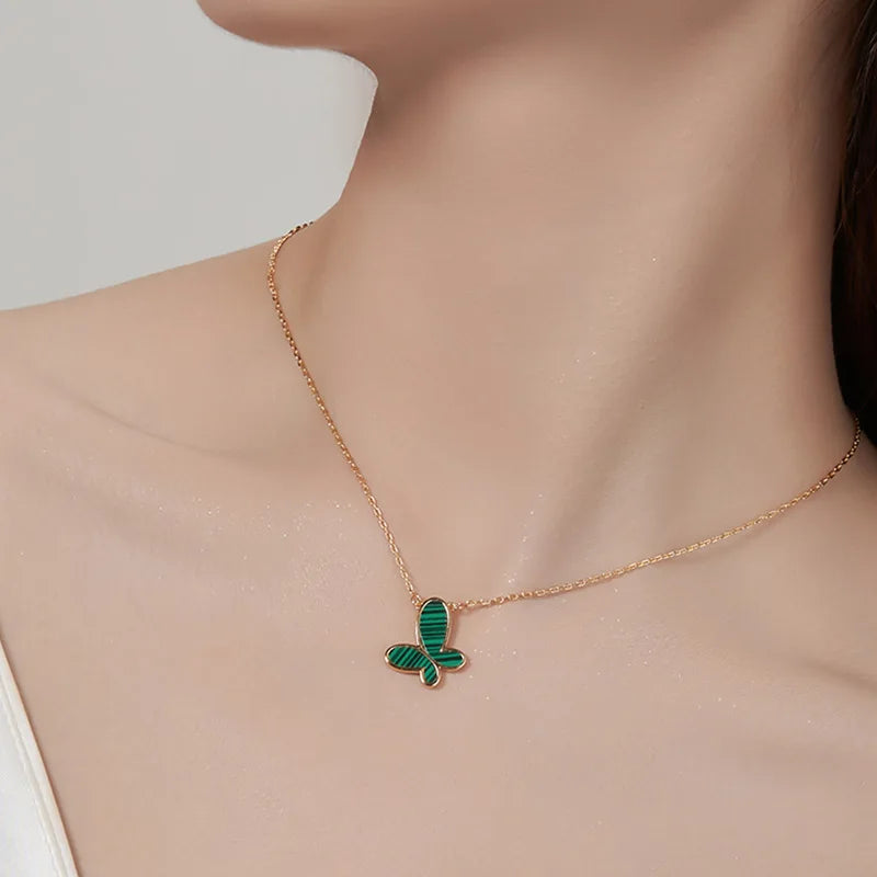 18K Gold Plated Malachite Butterfly Pendant Necklace | Stainless Steel Chain