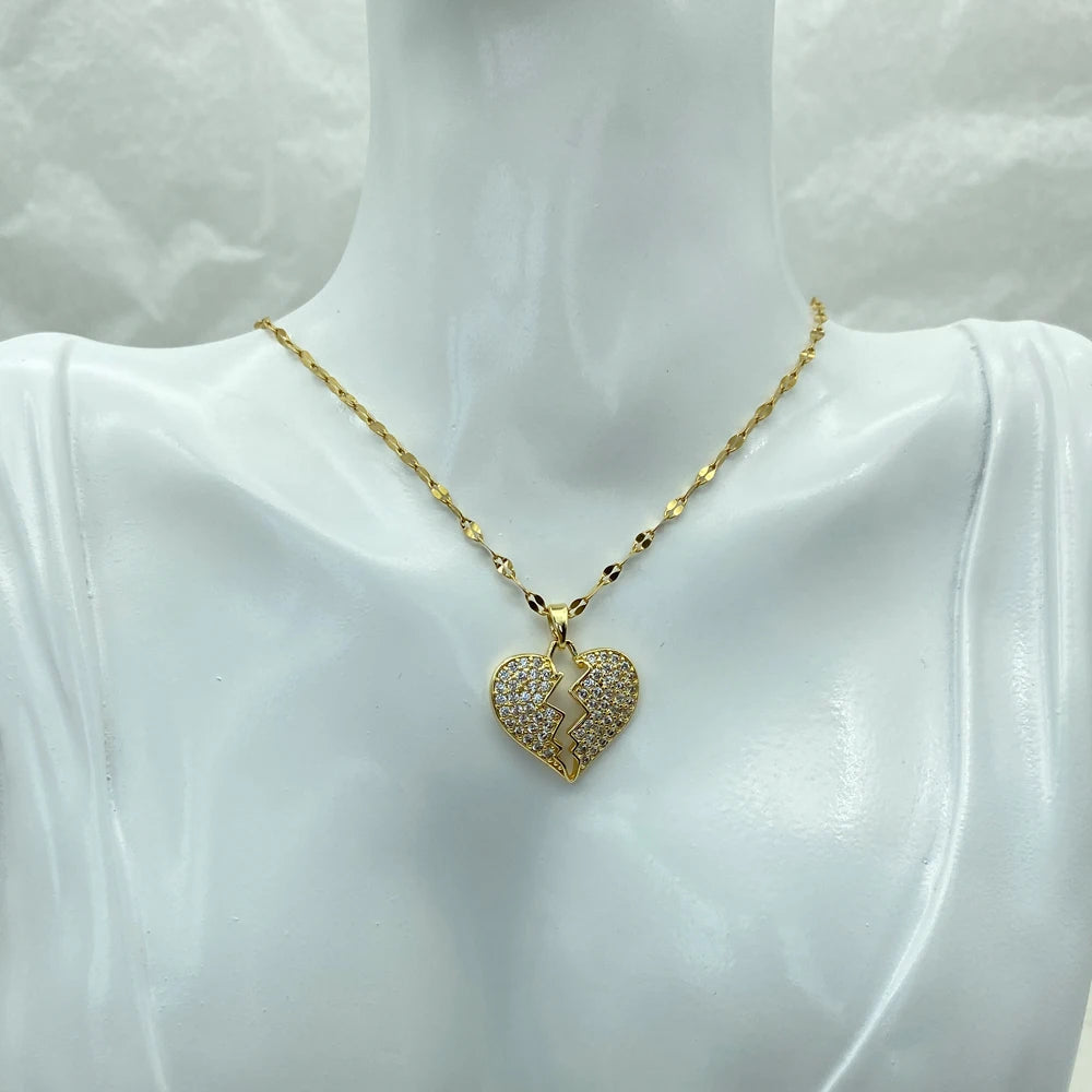 18K Gold Plated CZ Broken Heart Pendant Stainless Steel Necklace