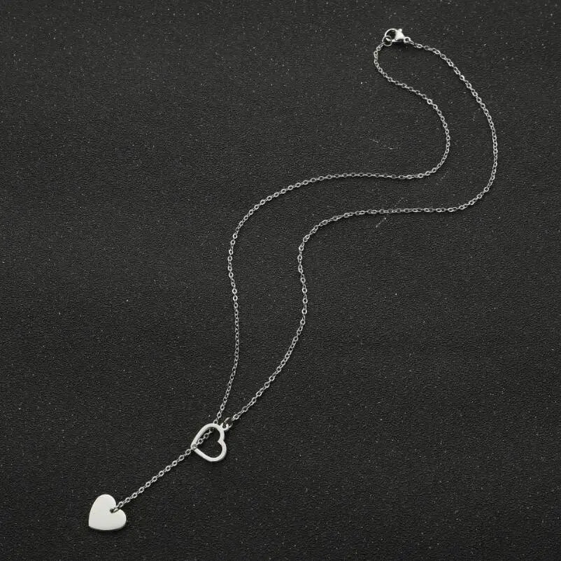 Stainless Steel Double Heart Lariat Y Necklace | 18K Gold | 45cm Chain