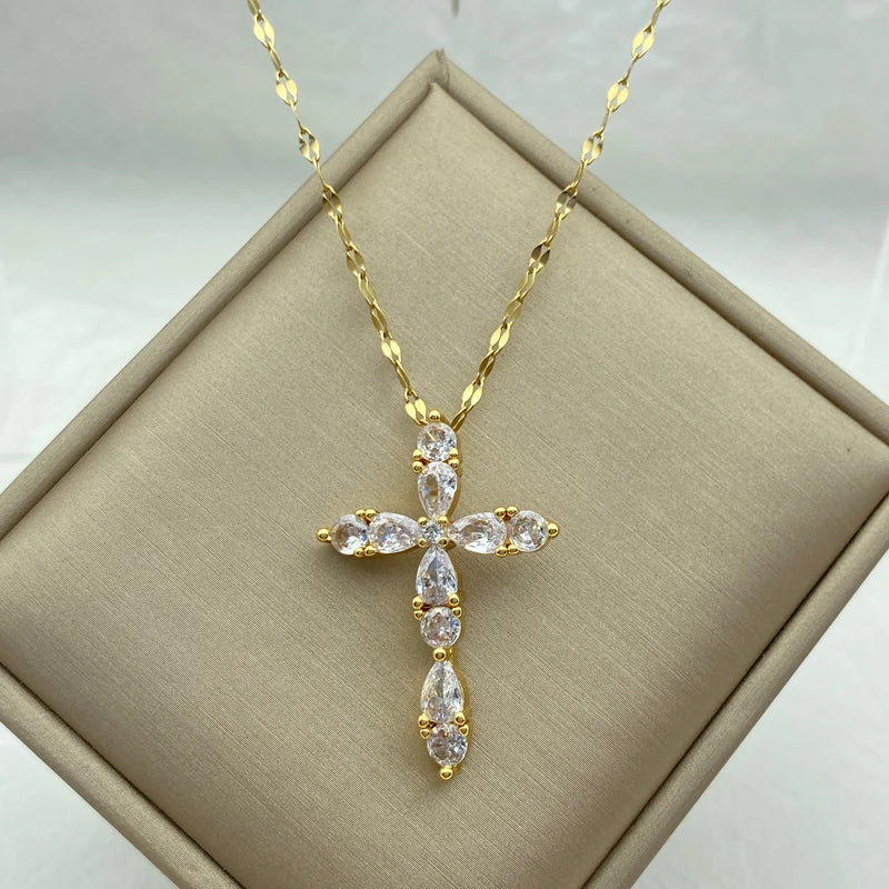 Marquise CZ Cross Pendant Necklace | 18K Gold Plated Stainless Steel
