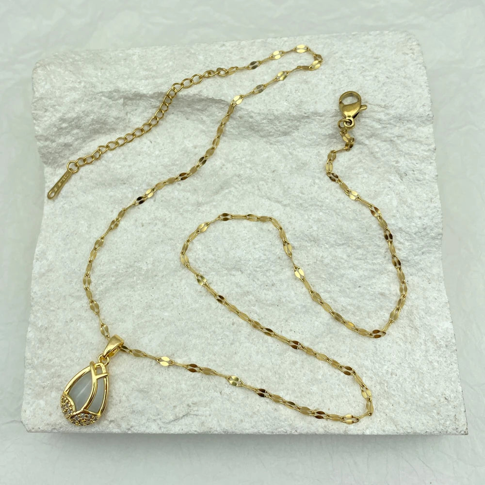 Opal Pendant Necklace for Women  Fashion Jewelry Stainless Steel tulip Necklace Gold Plated Luxury Design Korea Style Elegant