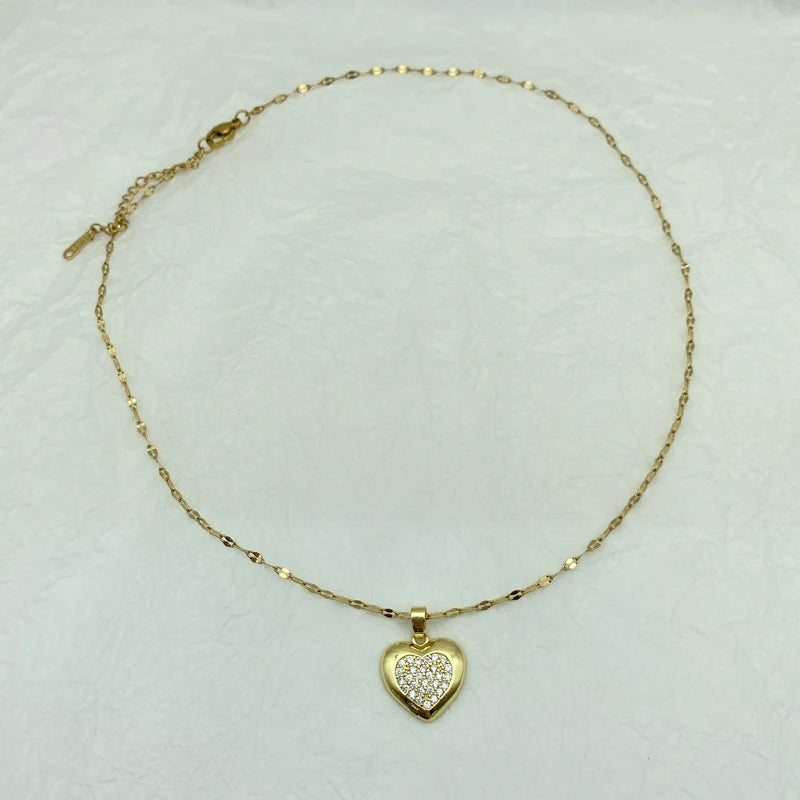 Gold Puffy Heart CZ Pendant Necklace | 18K Gold Plated Stainless Steel Chain