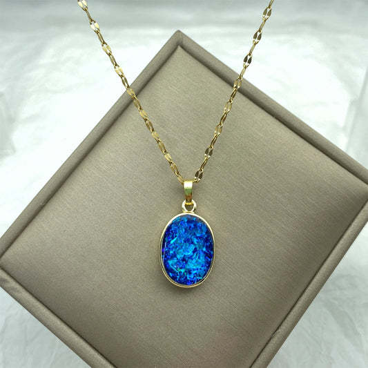 Blue Opal Oval Pendant Stainless Steel Necklace For Women Fashion Jewerly New In Shiny Cute Necklace Accessories Luxury Design