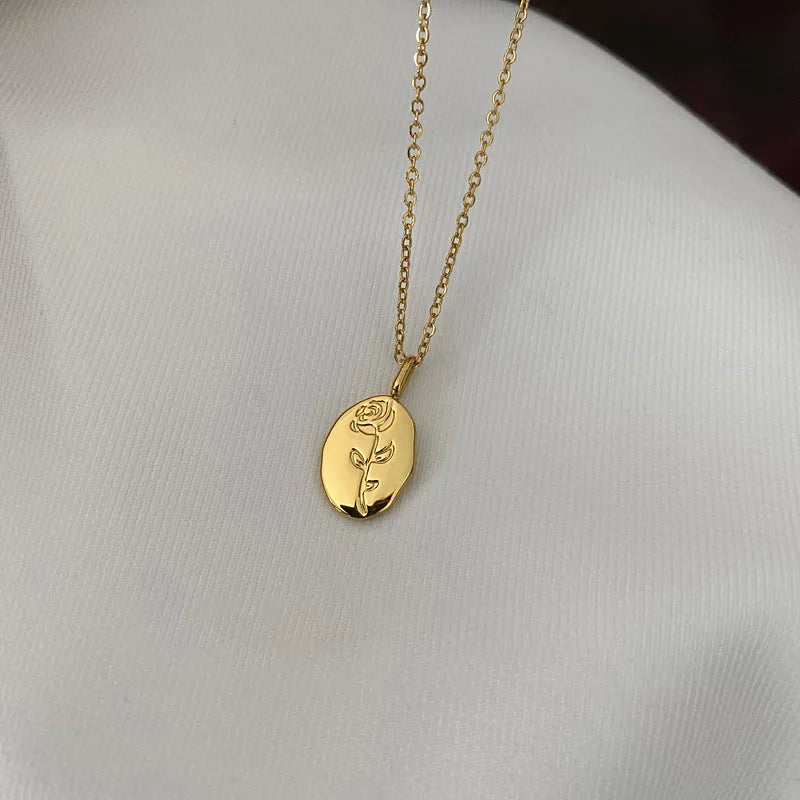 Rose Engraved Oval Pendant Necklace | 18 Gold Plated KStainless Steel