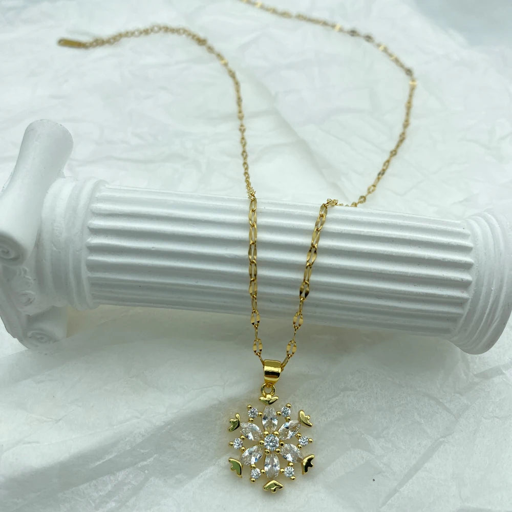 Gold Snowflake CZ Pendant Necklace | Stainless Steel Chain