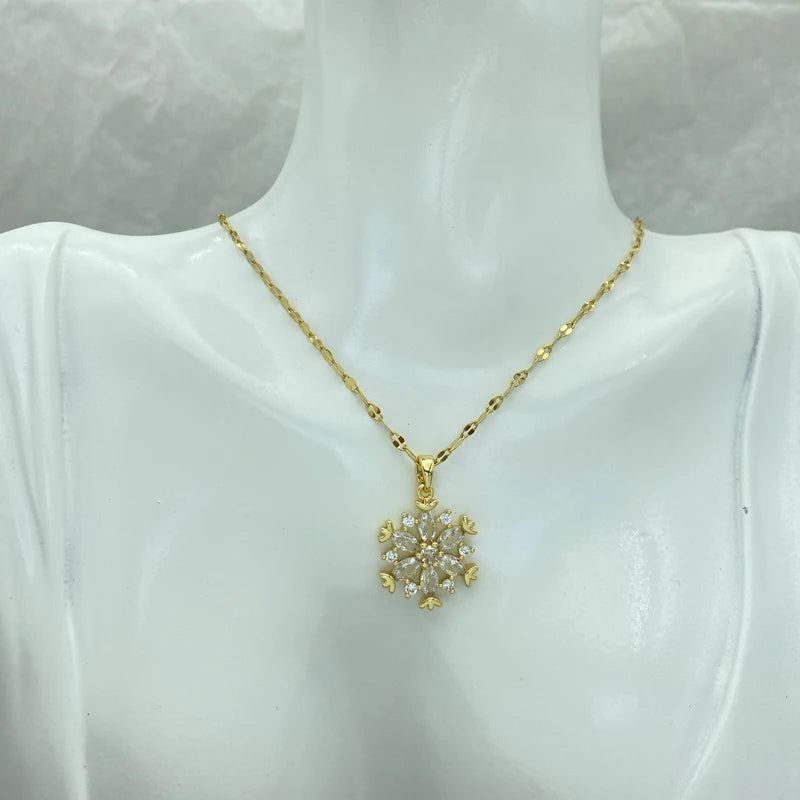 Gold Snowflake CZ Pendant Necklace | Stainless Steel Chain