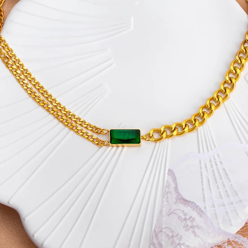 Cuban Chain Stainless Steel Necklace With Emerald Green Rectangle Stone