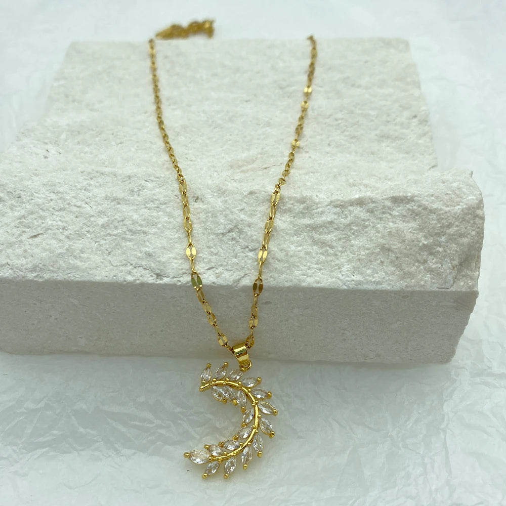 Gold Plated Olive Branch Pendant Stainless Steel Necklace For Women