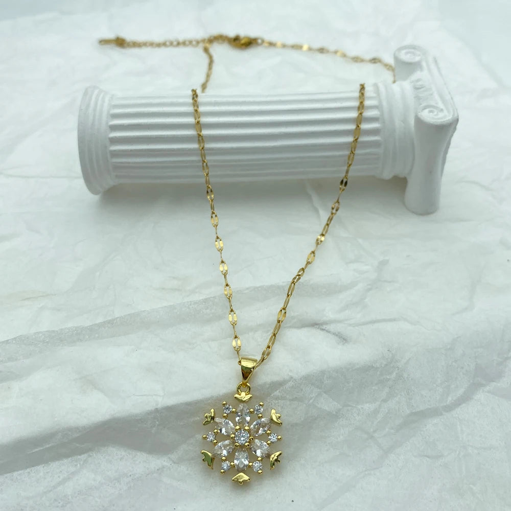 Gold Snowflake CZ Pendant Necklace | Stainless Steel Chain