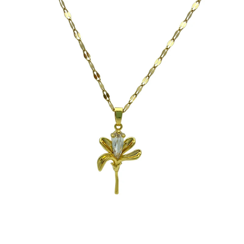 8K Gold Plated Tulip Flower Pendant Necklace | Stainless Steel Chain