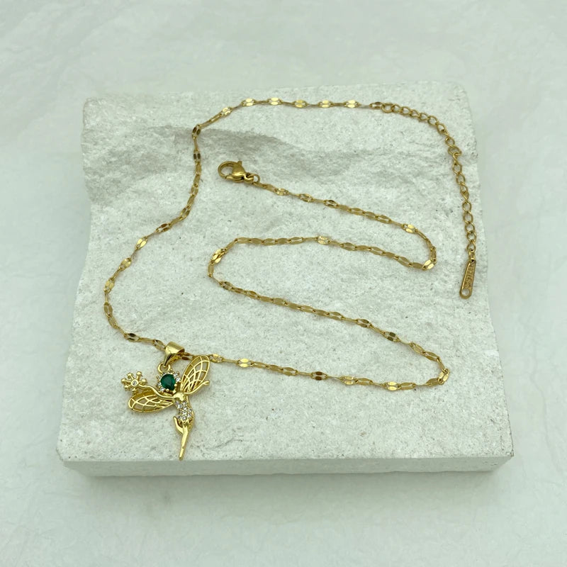 Gold Fairy Hummingbird Pendant Necklace |Stainless Steel Chains