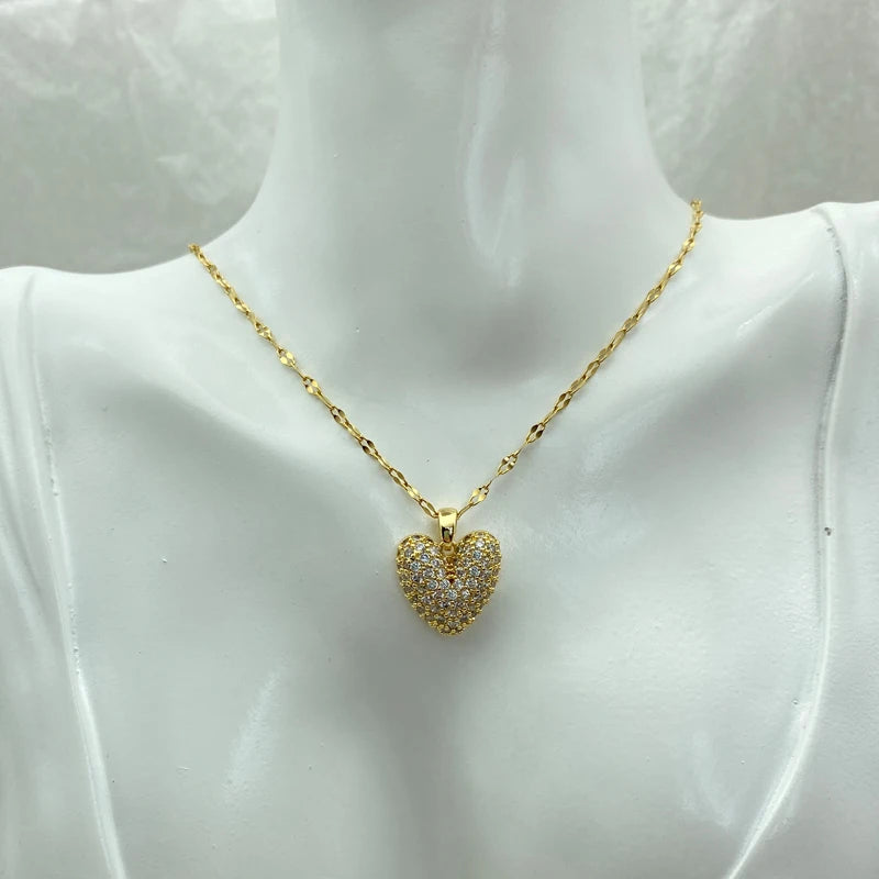 Big Heart Zircon Pendant Stainless Steel Gold Plated Necklace For Women