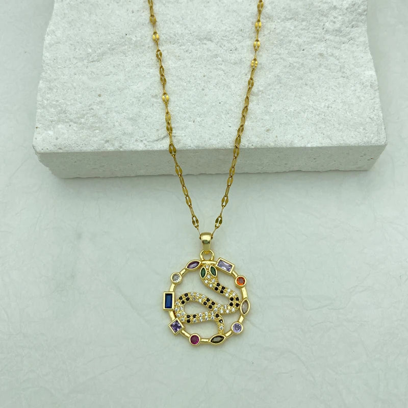 Gold Plated Stainless Steel Necklace For Women With A Big Round Shaped Snake Pendant Fashion  jewelry New In