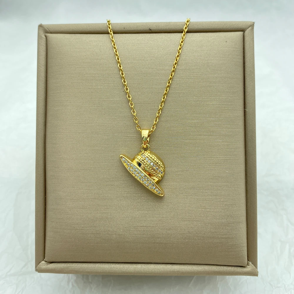 18K Gold Plated Pave CZ Sun Hat Pendant Necklace | Stainless Steel Chain