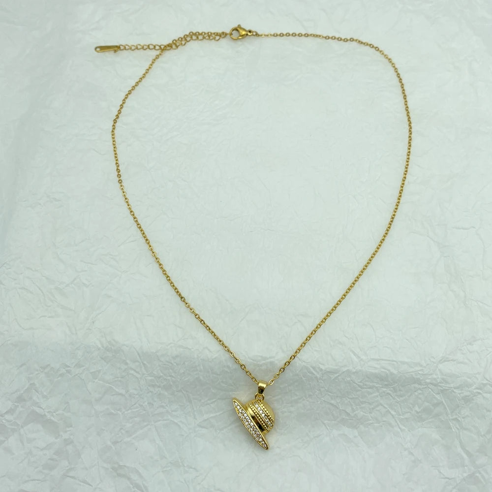 18K Gold Plated Pave CZ Sun Hat Pendant Necklace | Stainless Steel Chain