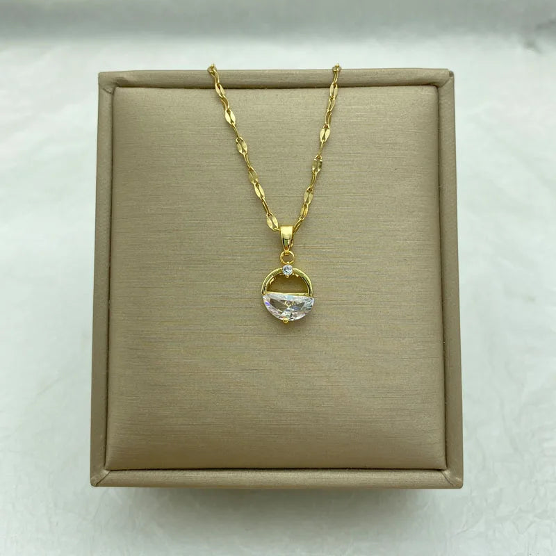 Half Moon CZ Pendant Necklace | 18K Gold Plated Stainless Steel