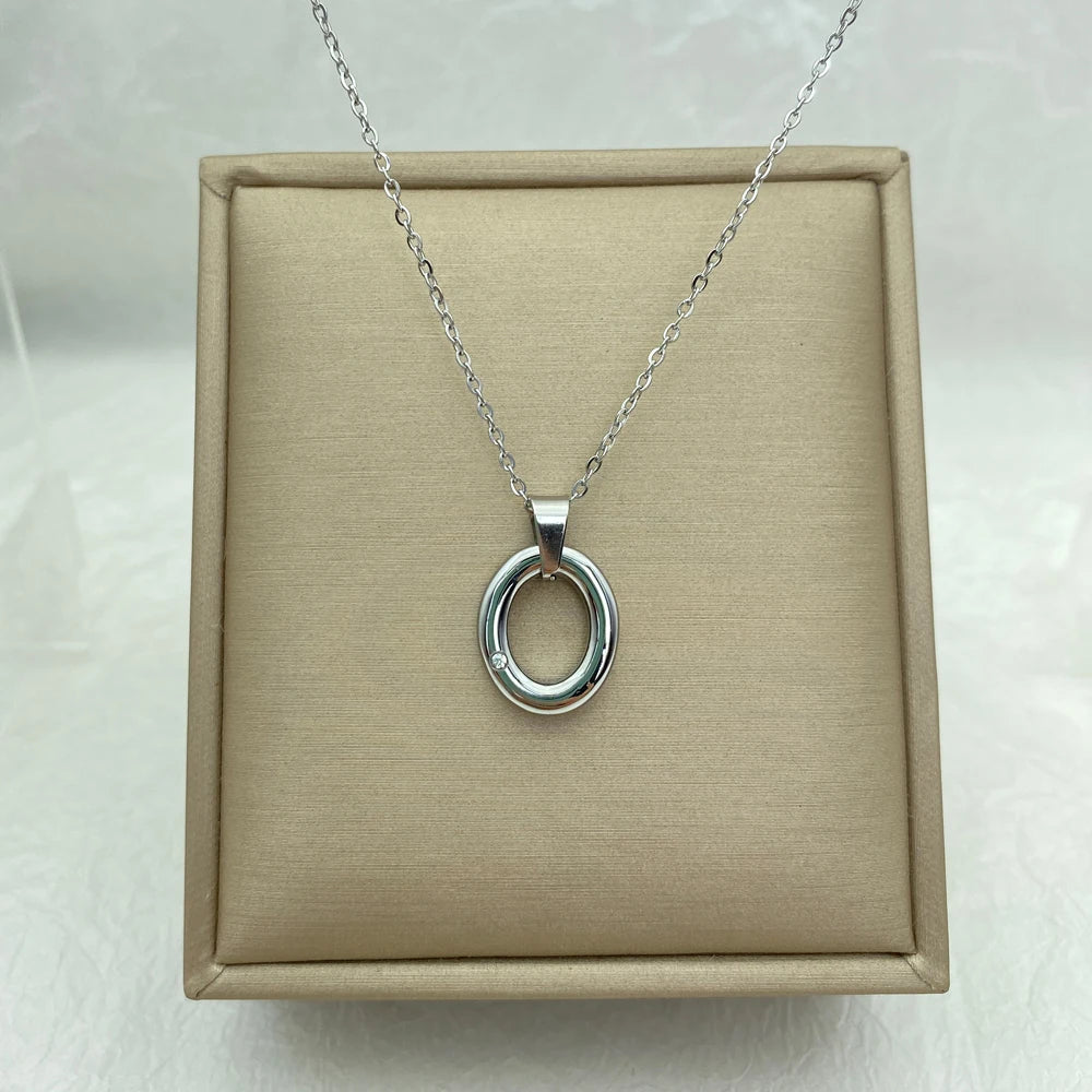 Minimalist Oval Circle Pendant Necklace | Silver Stainless Steel Chains|