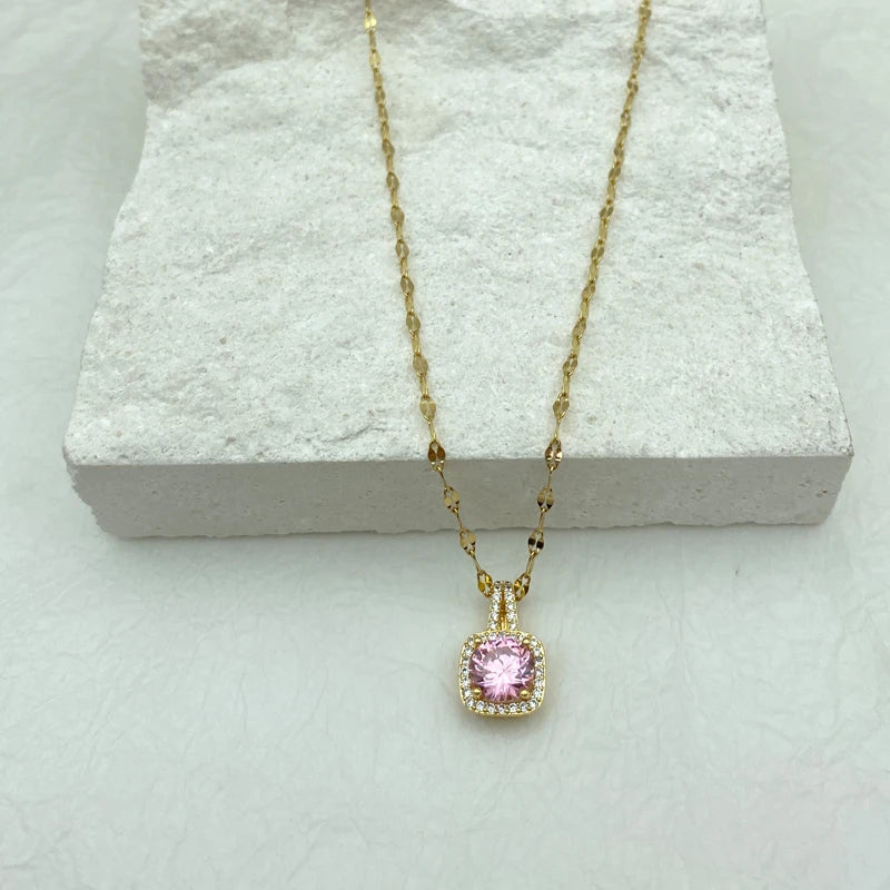 Gold Plated Stainless Steel Necklaces With Pink Zircon Square Pendant Fashion Jewerly Accessories For Women