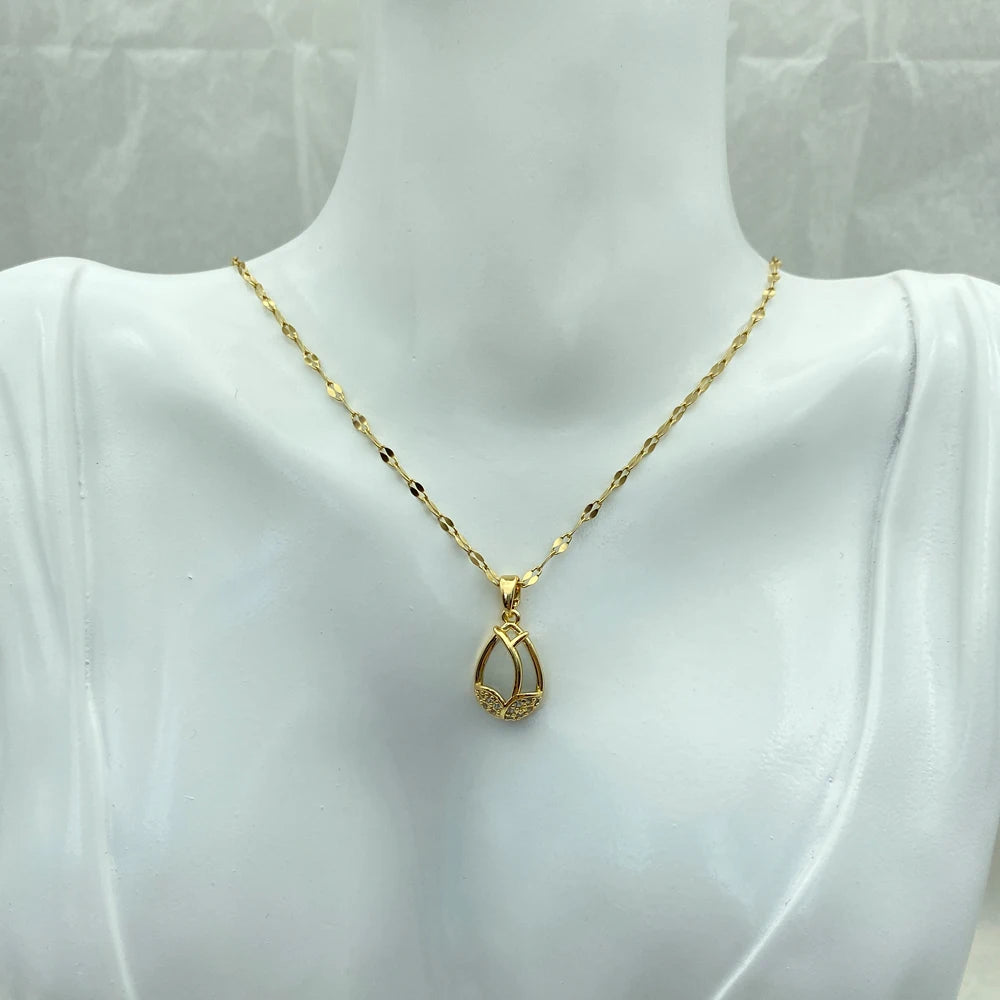 Opal Pendant Necklace for Women  Fashion Jewelry Stainless Steel tulip Necklace Gold Plated Luxury Design Korea Style Elegant