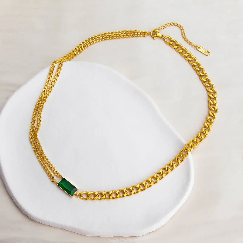 Cuban Chain Stainless Steel Necklace With Emerald Green Rectangle Stone