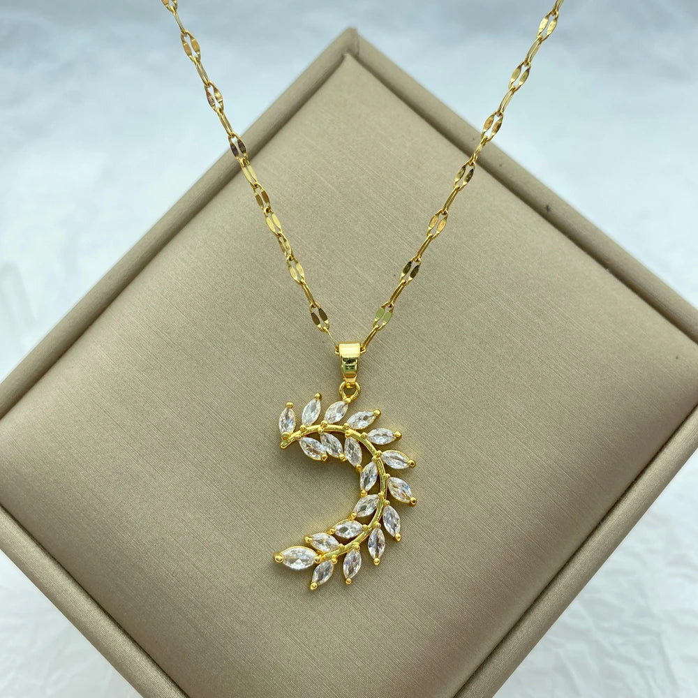 Gold Plated Olive Branch Pendant Stainless Steel Necklace For Women