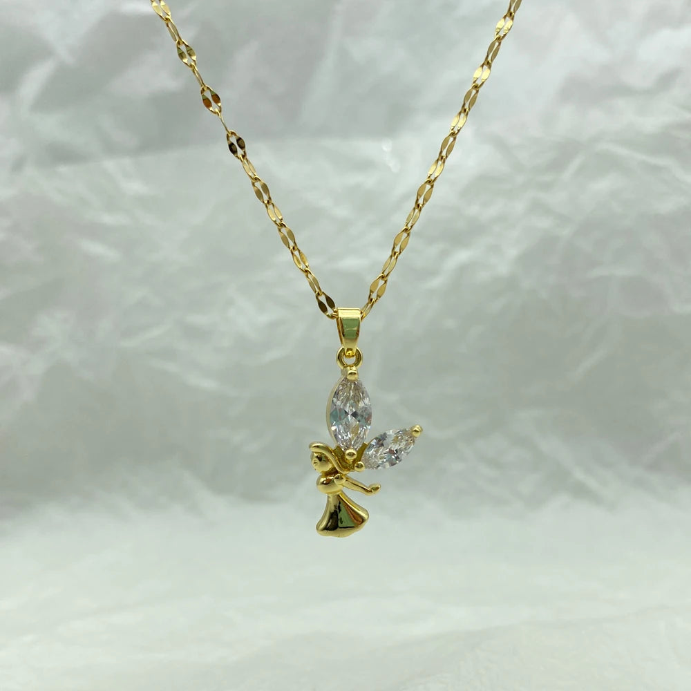 Angel Girl CZ Pendant Necklace 18K Gold Plated Stainless Steel Chain