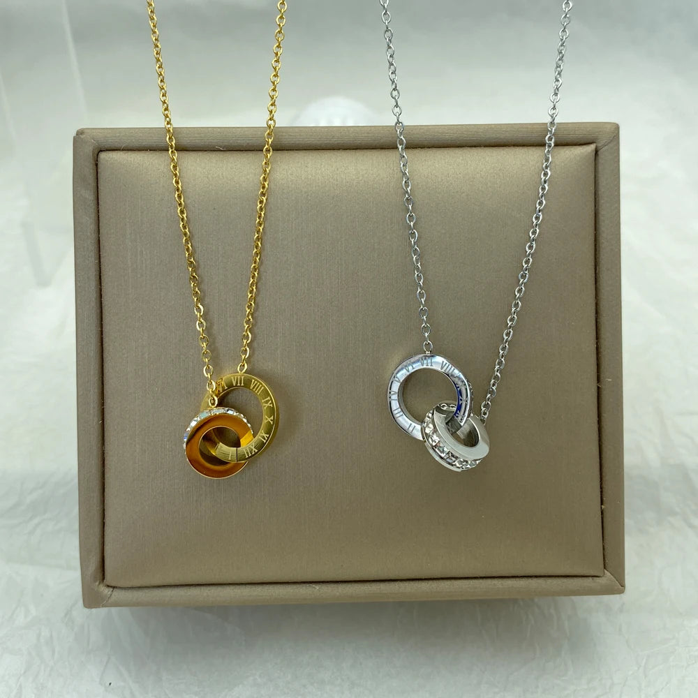 Gold Plated Silver Color Stainless Steel Necklace for Women Ring Pendants with Zircons Luxury Stainless Steel Jewelry for Summer