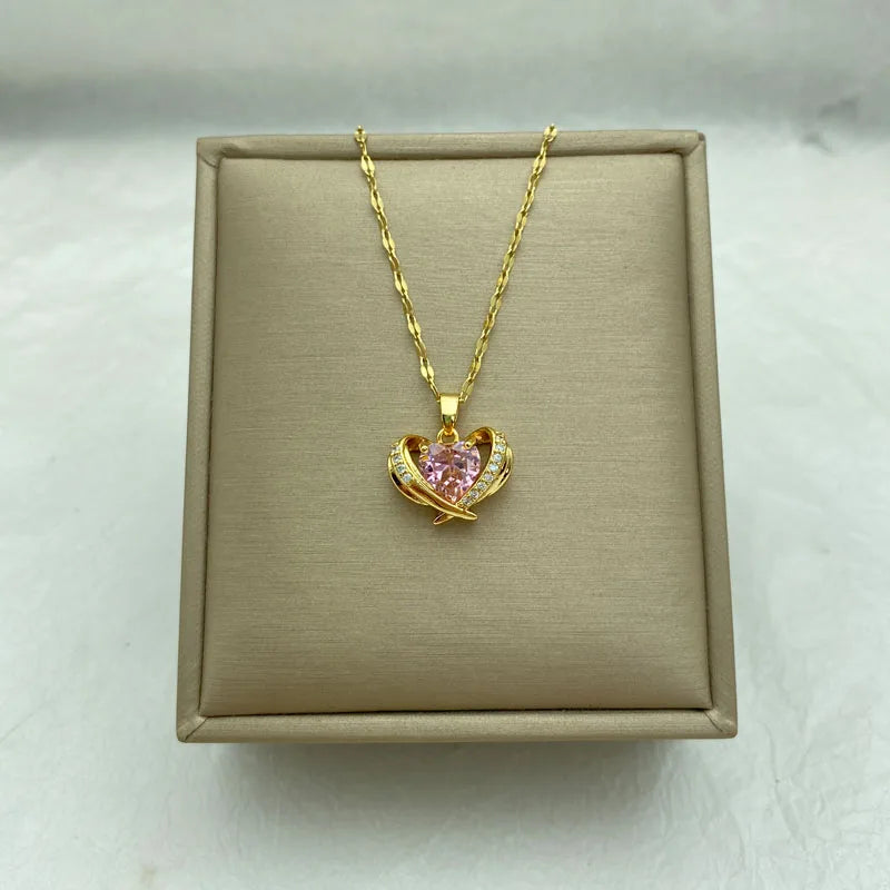 Pink Zircon Heart Pendant  Necklace For Women With Gold Plated Stainless Steel  Fashion Jewelry