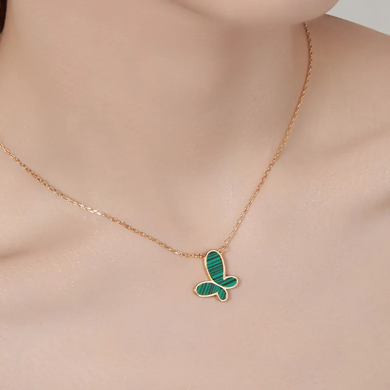 18K Gold Plated Malachite Butterfly Pendant Necklace | Stainless Steel Chain