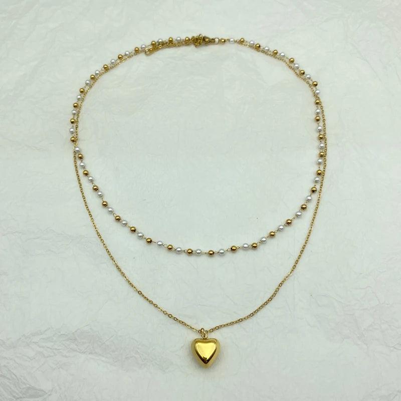 Stainless Steel Layered Pearl Chains Long Necklaces for Women