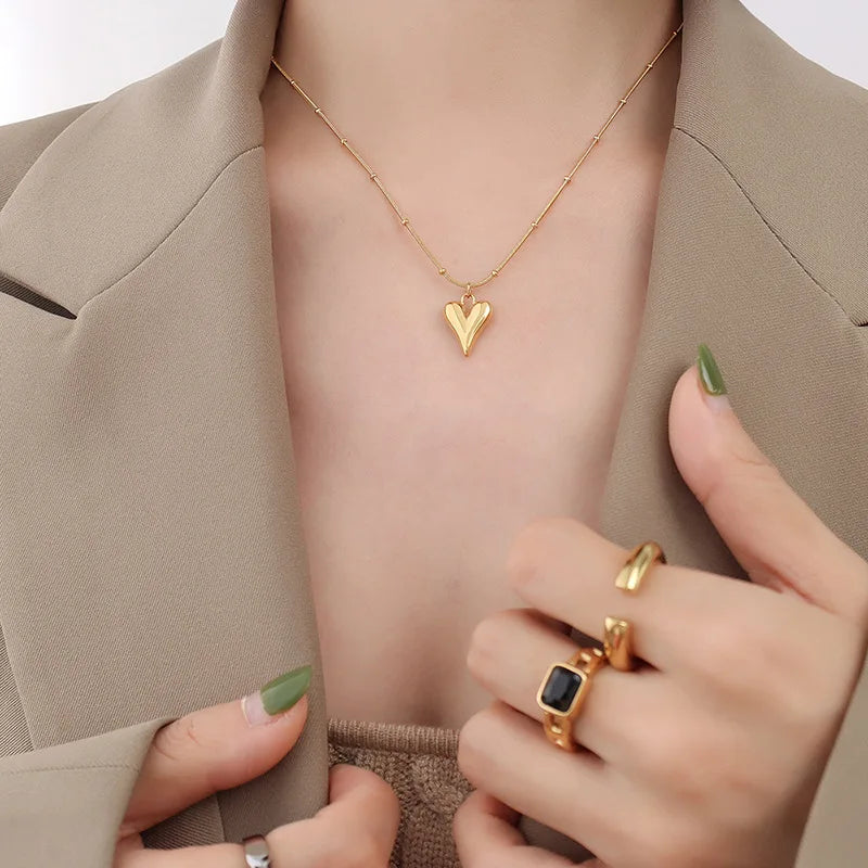 3D Heart Pendant Necklace with Satellite Snake Chain | 18K Gold Plated Stainless Steel