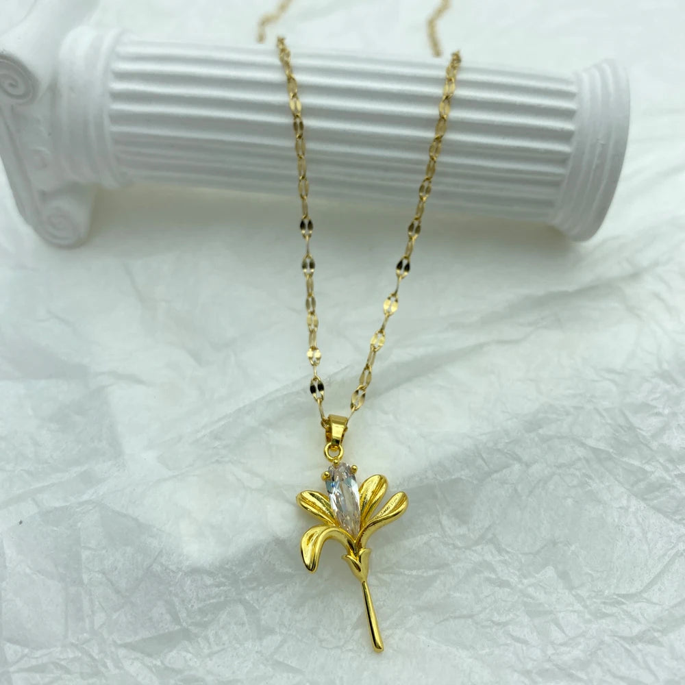 8K Gold Plated Tulip Flower Pendant Necklace | Stainless Steel Chain