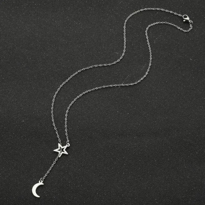 Star Moon Drop Lariat Necklace | 18K Gold Plated Stainless Steel
